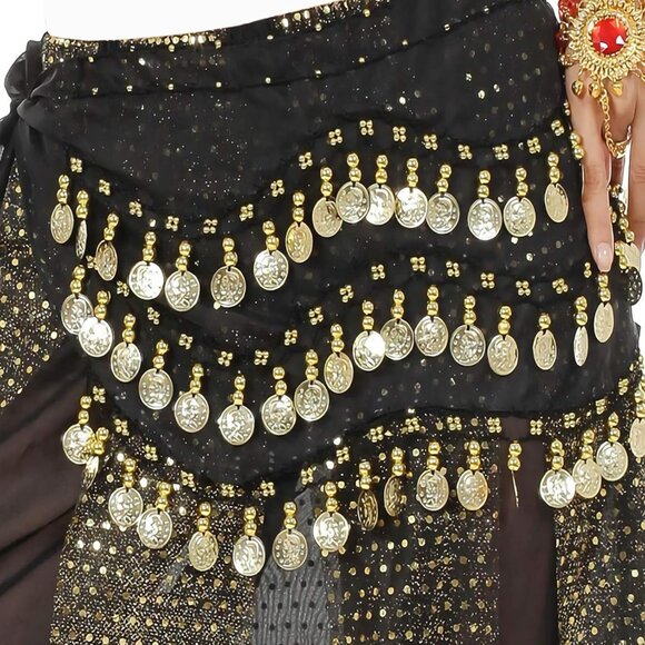 Women's Black Belly Dance Scarf With 128 Gold Coins Skirts For Belly Dance - Picture 6 of 6